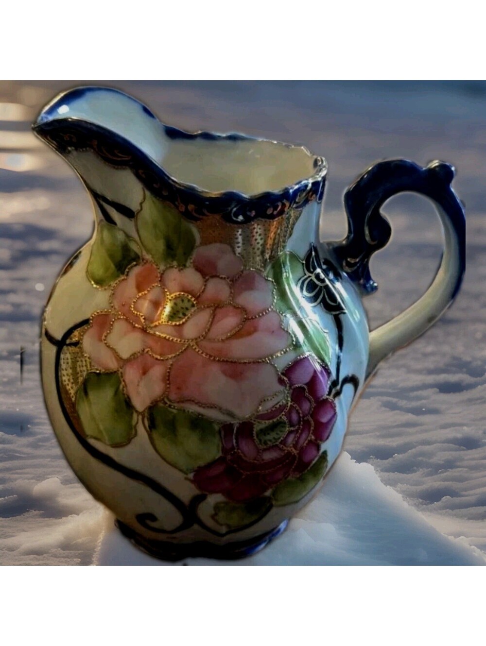 Nippon China Pitcher 32 Oz 6.5" TX5"W. White Base Pink Flowers Blue Cobalt.